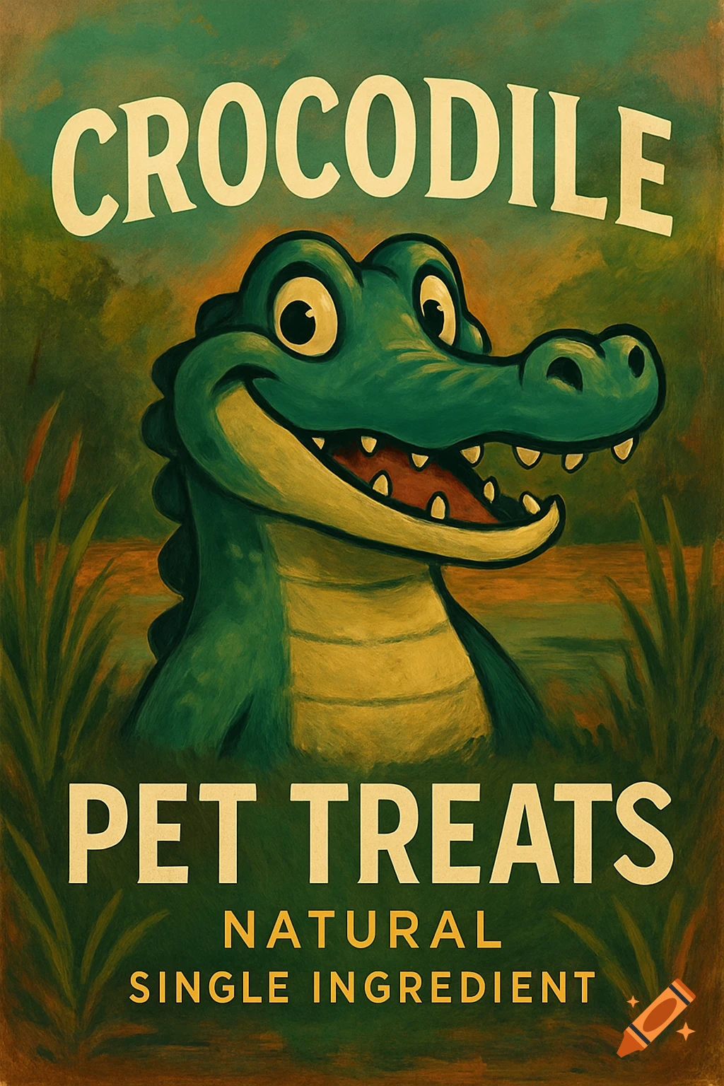 Vintage illustration of a smiling green cartoon crocodile for 'CROCODILE PET TREATS NATURAL SINGLE INGREDIENT' on a textured green background.