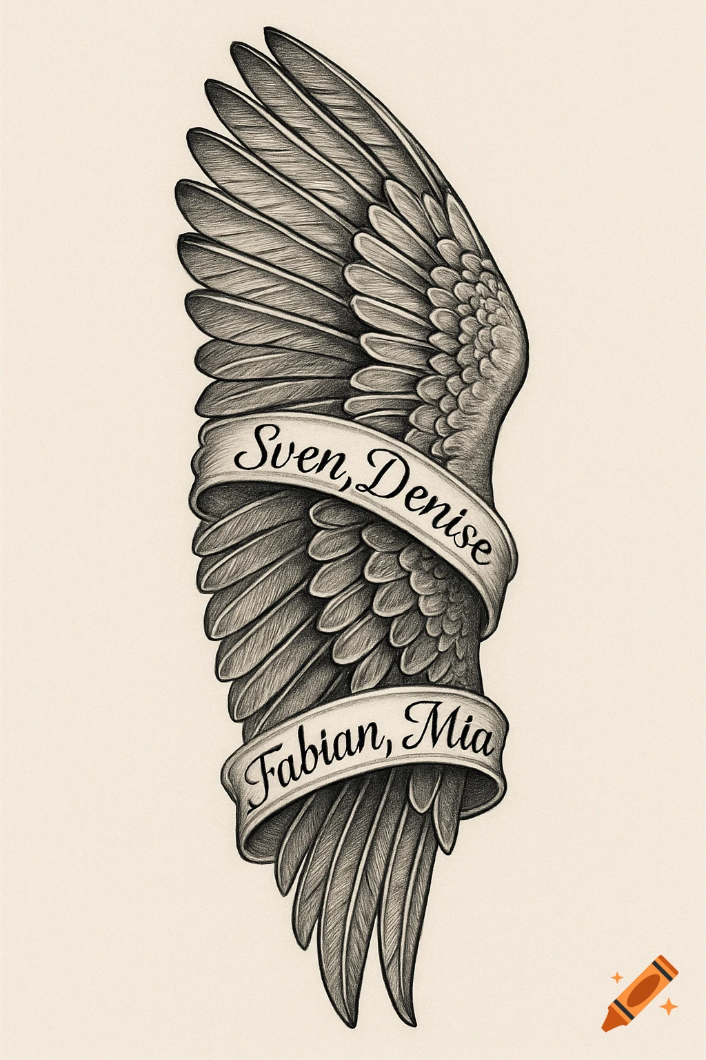 Pencil drawing of an eagle's wing with banners inscribed with 'Sven, Denise' and 'Fabian, Mia' names.