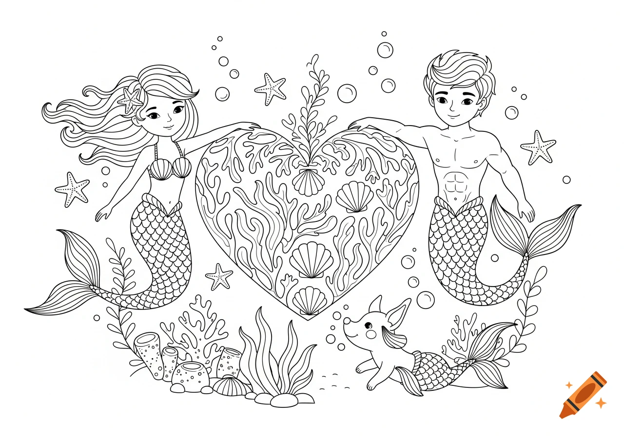 A black and white coloring page featuring a mermaid, a merman, and a mermaid-dog surrounding a heart-shaped coral arrangement underwater.