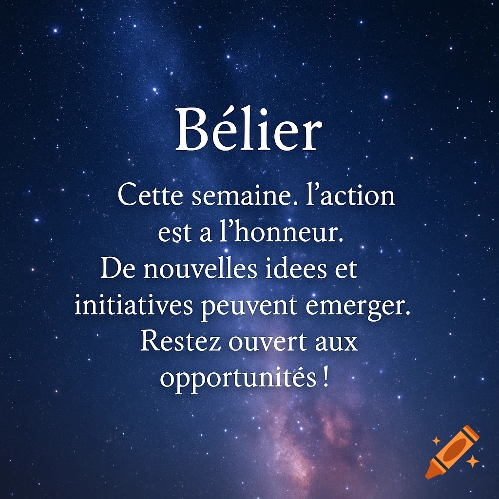 French text for the Aries horoscope sign, 'Bélier', set against a dark blue starry galaxy background with a faint nebula.