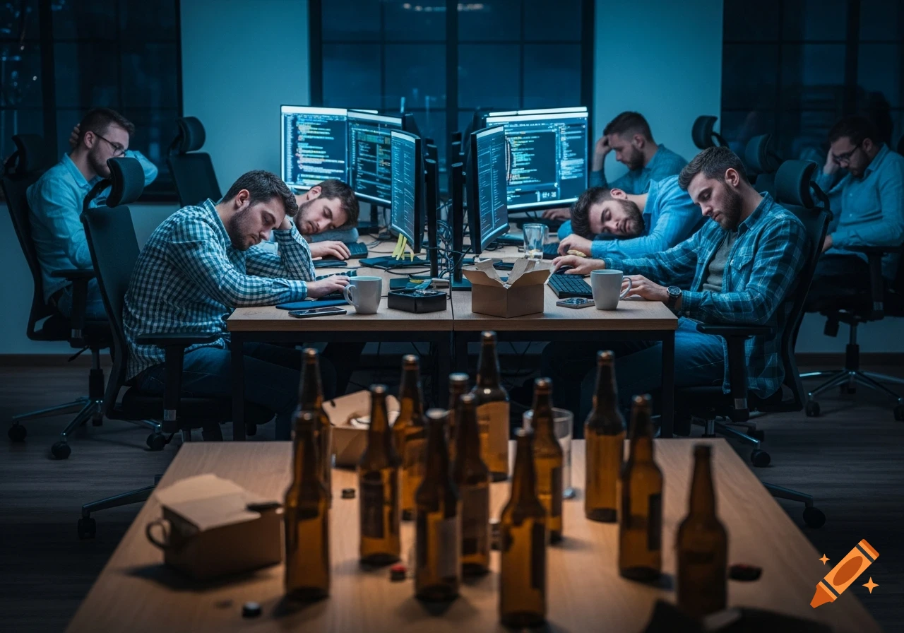 A group of tired programmers sleeping at their desks in a dimly lit office, with many empty beer bottles on a table in the foreground.