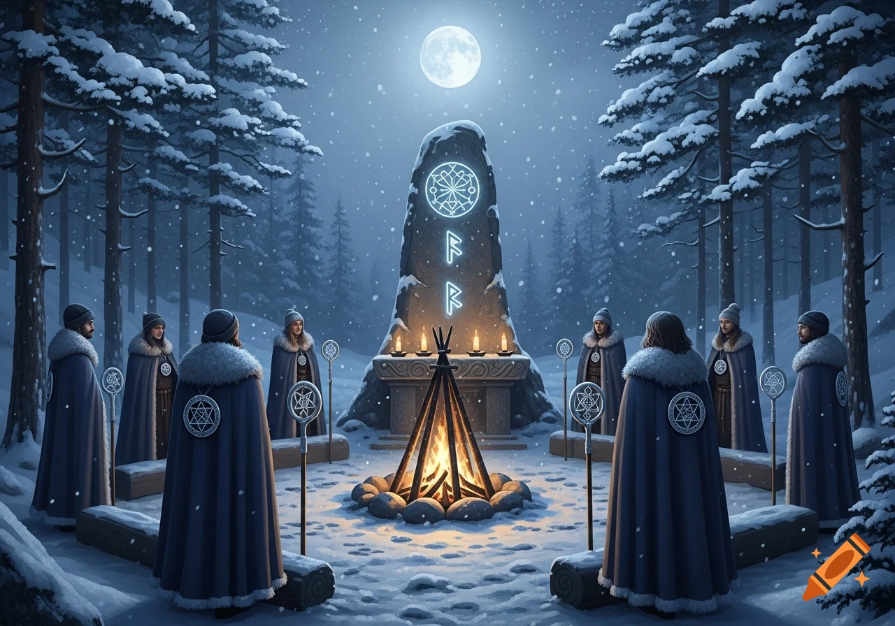 A snowy forest ritual at night with robed figures around a campfire and a glowing runestone under a full moon.