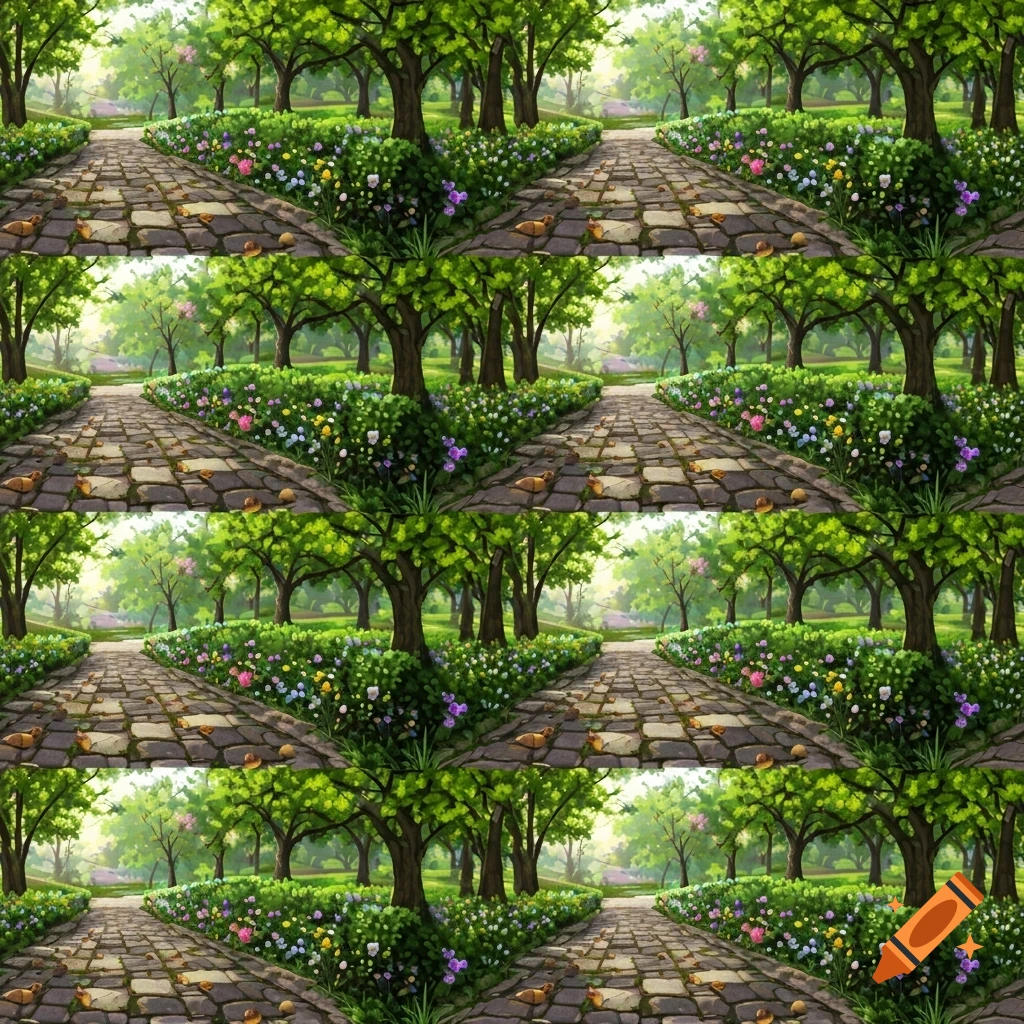 A seamless repeating pattern of a stone park path winding through lush green trees and colorful flowers in a stylized manner.