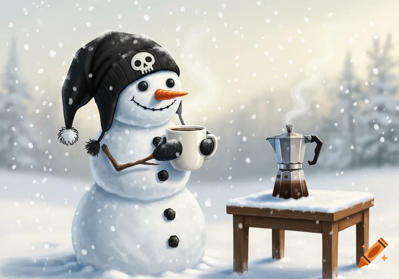 A friendly snowman wearing a black skull beanie holds a coffee mug while a moka pot sits on a snow-covered table in a snowy winter scene.