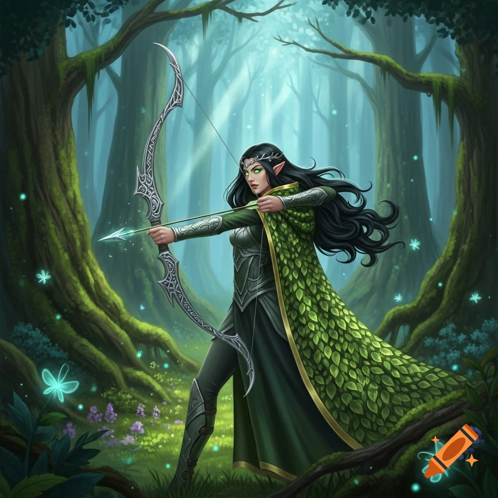 A female elf archer with long dark hair and a leaf-patterned cloak aims her bow and arrow in a magical, glowing forest.