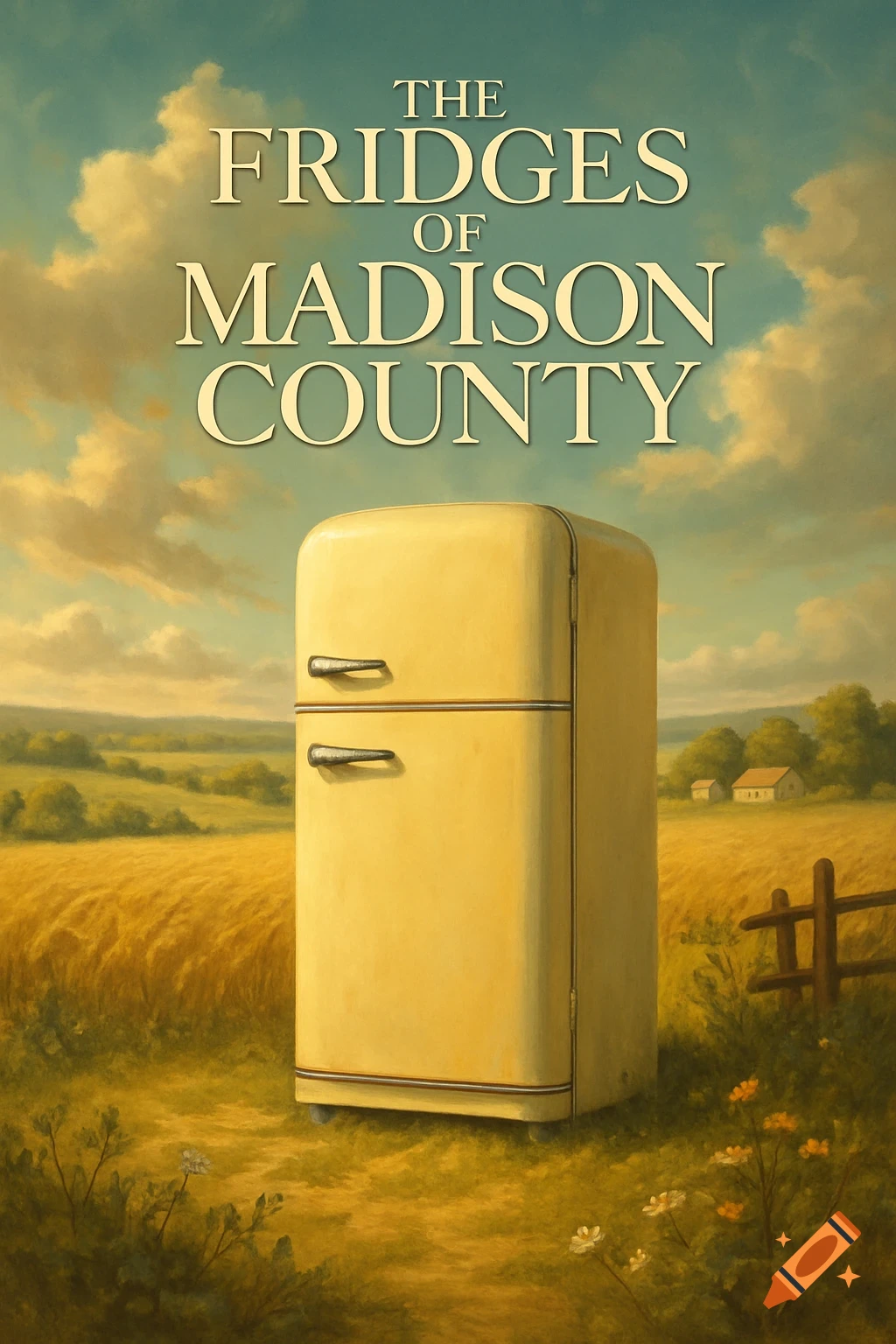 Painterly movie poster for 'The Fridges of Madison County' featuring a retro yellow refrigerator in a golden wheat field under a cloudy sky.