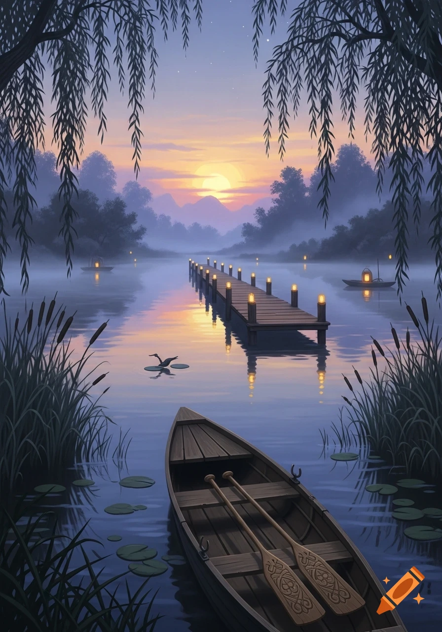 Serene sunset over a misty lake with an illuminated dock, a rowboat in the foreground, and hanging willow branches.
