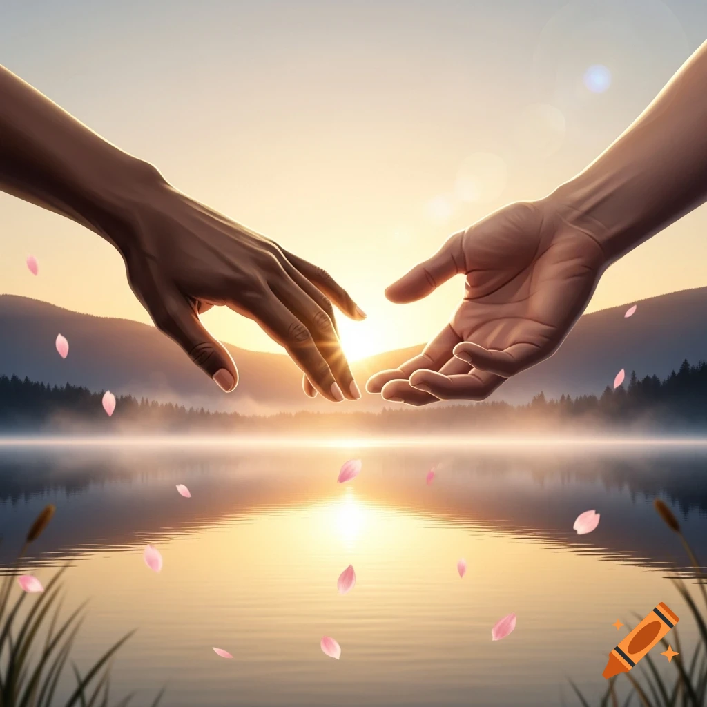 Two hands of different skin tones reach over a reflective lake at sunset with mountains in the background, as pink petals fall.