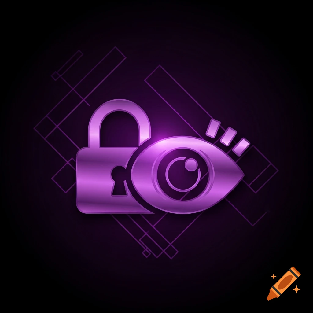 Purple metallic padlock and eye icon on a dark geometric background.