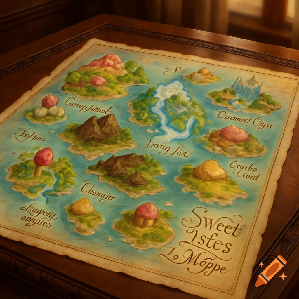 An old-fashioned fantasy map depicting various islands with unique geographical features and whimsical names, laid out on a dark wooden table.