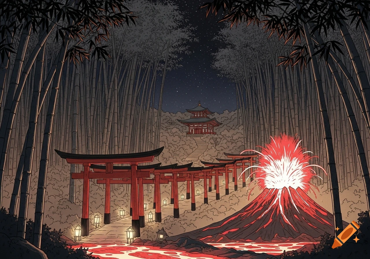 Stylized night landscape with a bamboo forest, torii gates, a Japanese temple, and an erupting volcano with red lava.