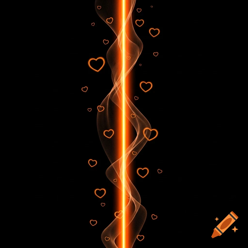 A glowing orange vertical line surrounded by swirling light trails and floating orange heart outlines on a black background.