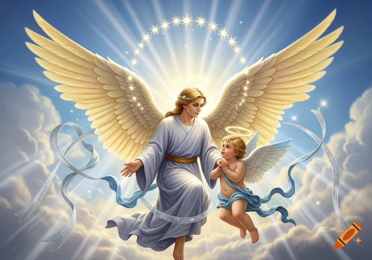 A serene angel with large golden wings, wearing a white robe, guides a cherub with small wings through luminous clouds.
