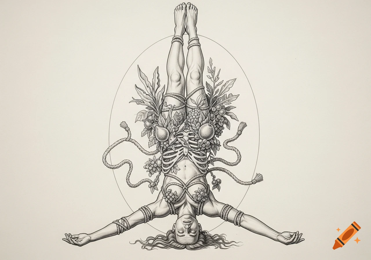 Graphite drawing of an upside-down human figure with a visible ribcage, adorned with ropes, fruits, and foliage, in a classical allegorical style.