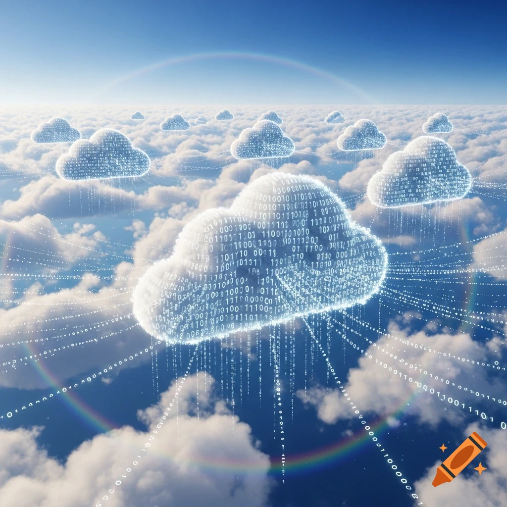 Digital clouds made of binary code float in a blue sky with smaller clouds and faint rainbows, representing cloud storage.