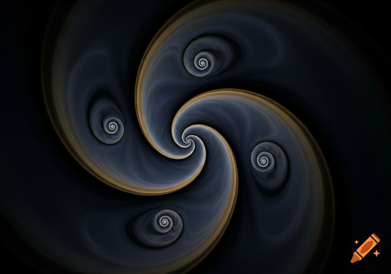 Abstract fractal with interlocking dark indigo and gold spirals on a black background.