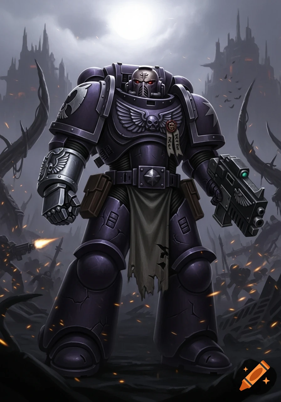A dark purple Warhammer 40k Space Marine in heavy armor holds a gun amidst a desolate, war-torn gothic city under a dim sky, digital art.