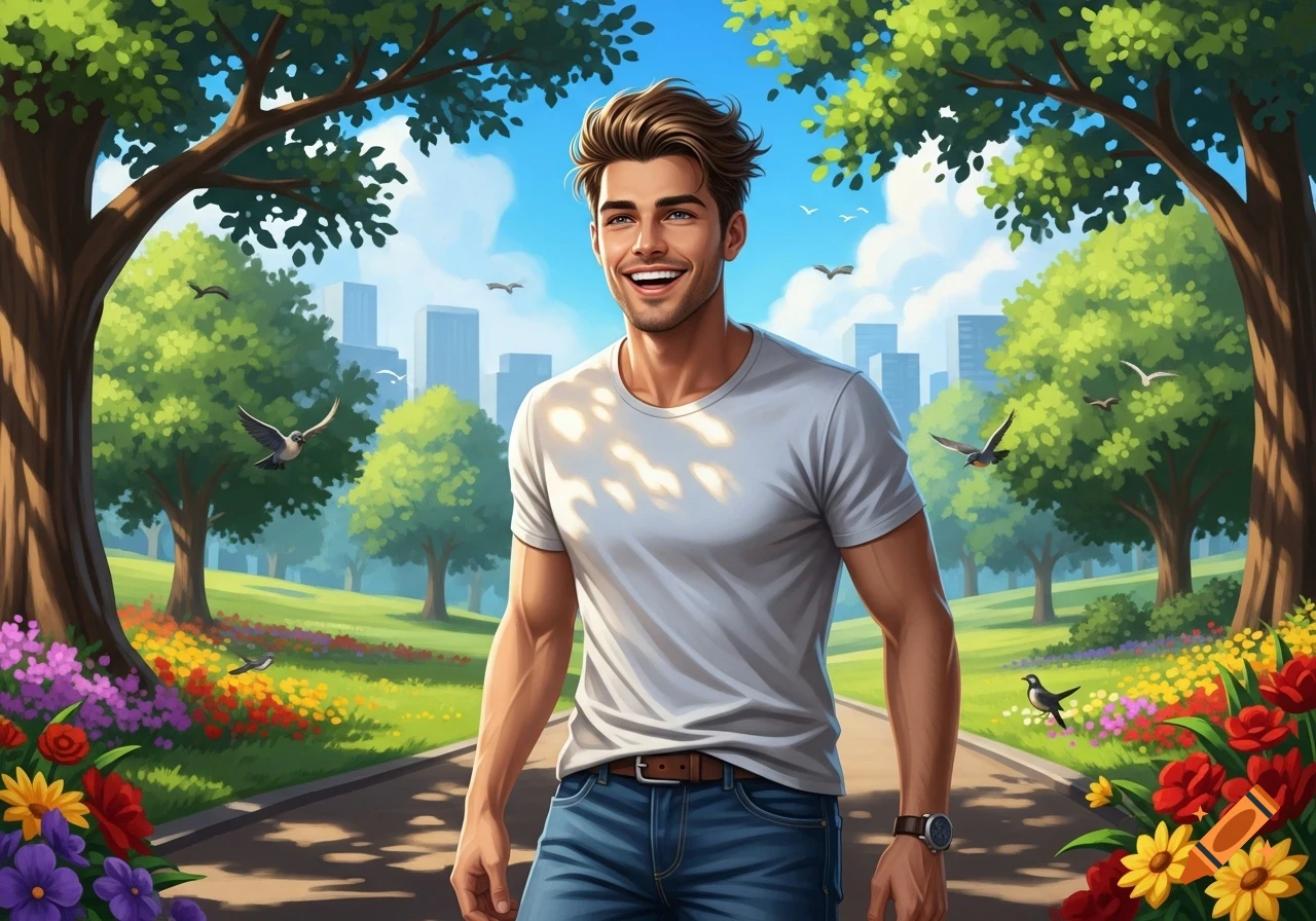 Smiling young man in a white t-shirt on a park path, surrounded by vibrant trees, flowers, and birds, with a city in the background. Illustrated.