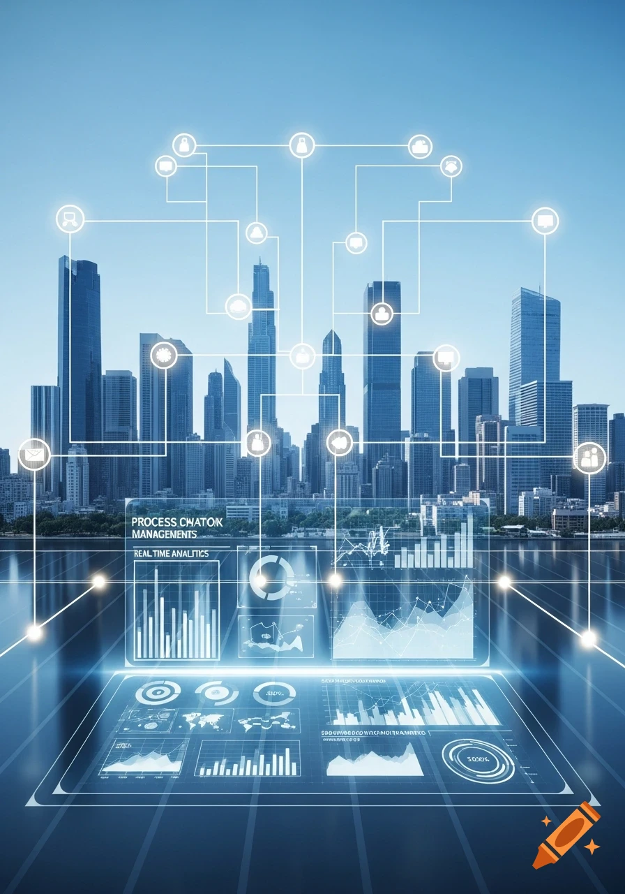 A futuristic cityscape with a glowing holographic interface displaying data analytics, connected by a network of lines and icons.