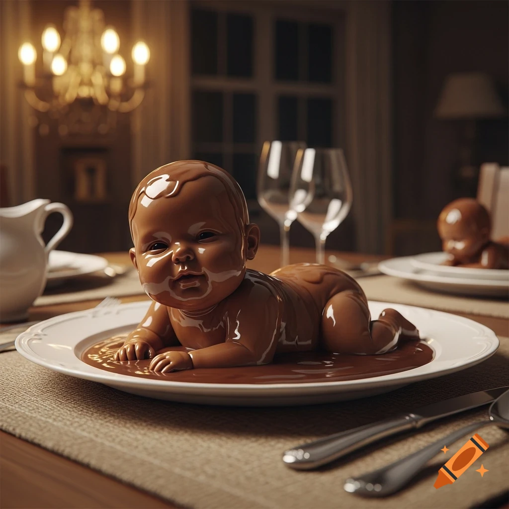 A photorealistic image of a baby-like figure covered in brown sauce, lying on a white dinner plate on a dining table with place settings and a chandelier.