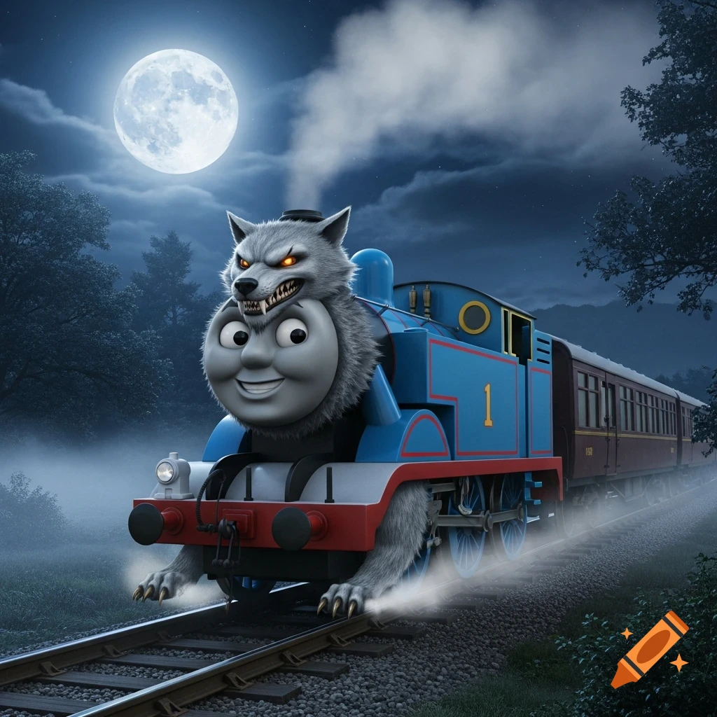 Thomas the Tank Engine as a werewolf, running on tracks at night under a full moon.