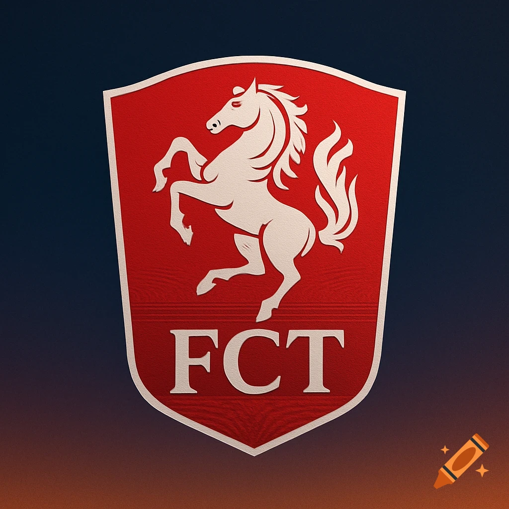 A red shield logo featuring a white rearing horse and the letters FCT at the bottom, set against a dark gradient background.