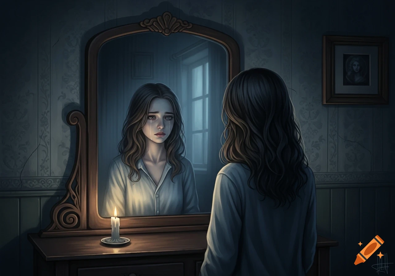 A young woman with dark hair looks into a mirror, seeing her crying reflection in a dimly lit, moody room with a candle.