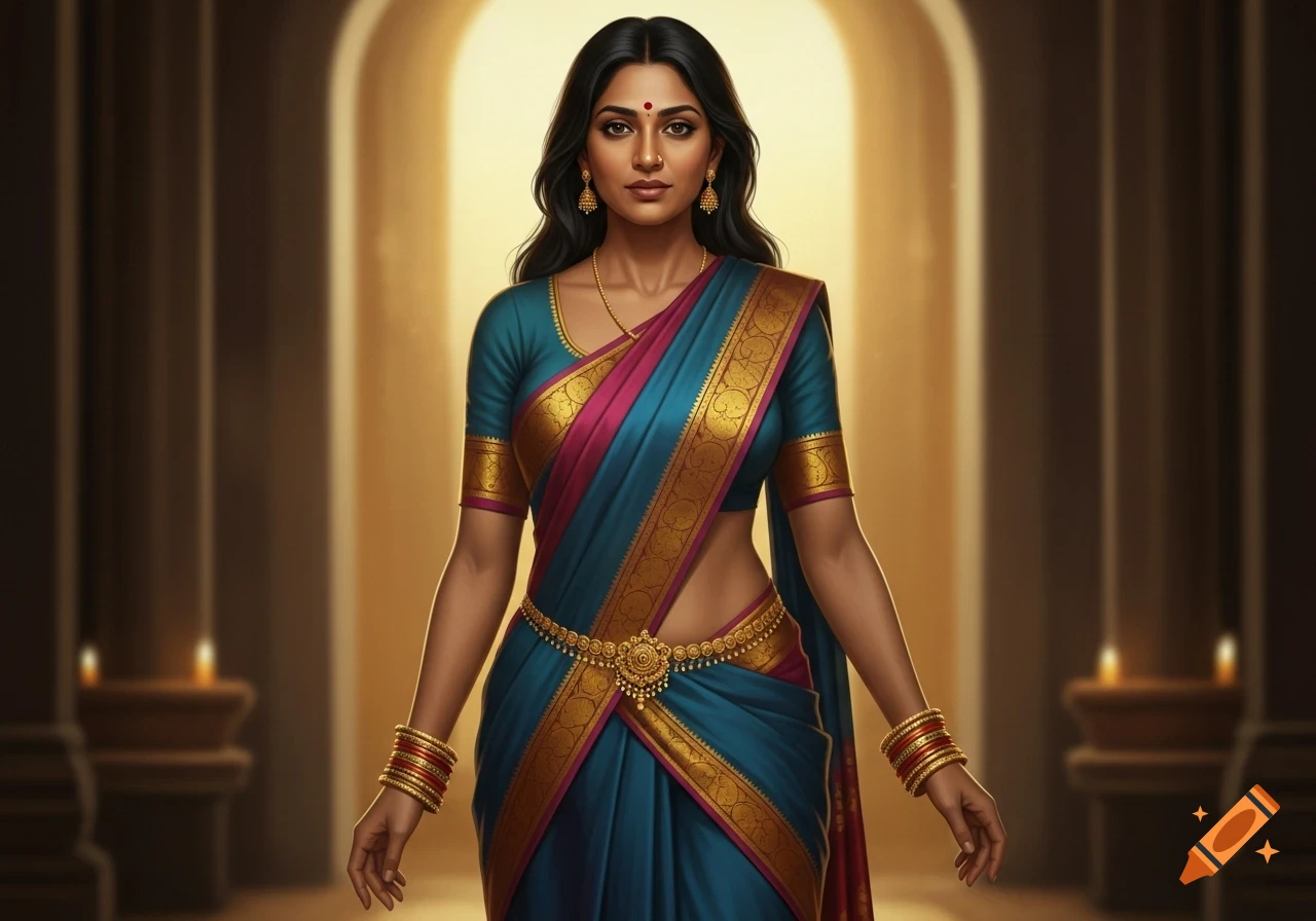 Photorealistic portrait of an Indian woman in a teal and magenta saree with gold jewelry, standing in a warm, arched entryway.