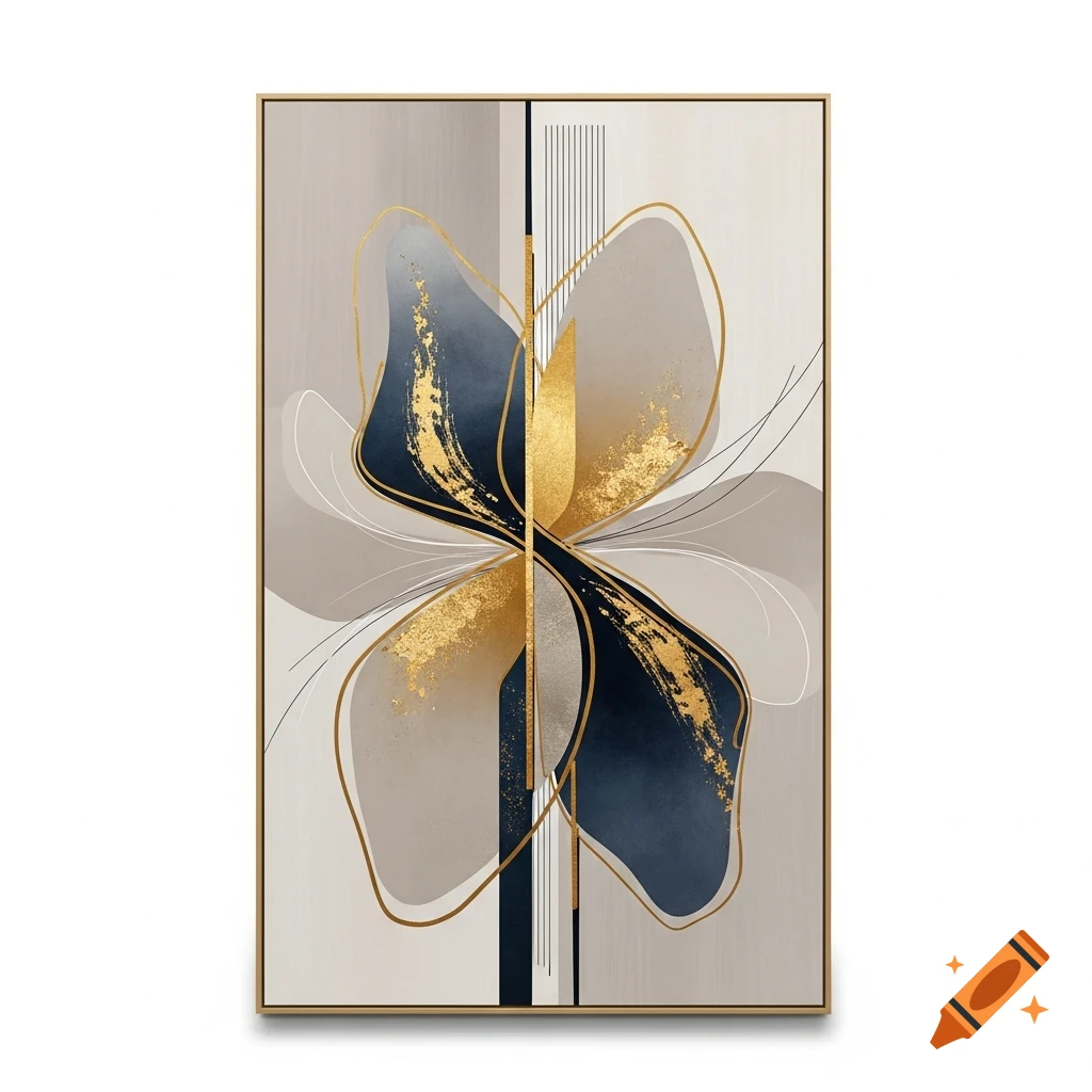 Abstract art with gold, navy, and gray organic shapes, gold leaf textures, and thin lines, within a gold frame.