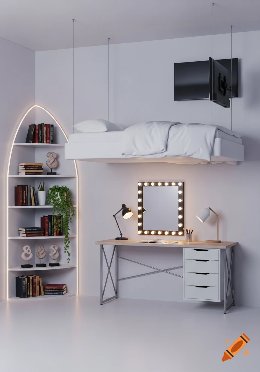 A modern minimalist bedroom with a floating bed, a corner bookshelf with plants, a desk with a vanity mirror, and a wall-mounted TV.