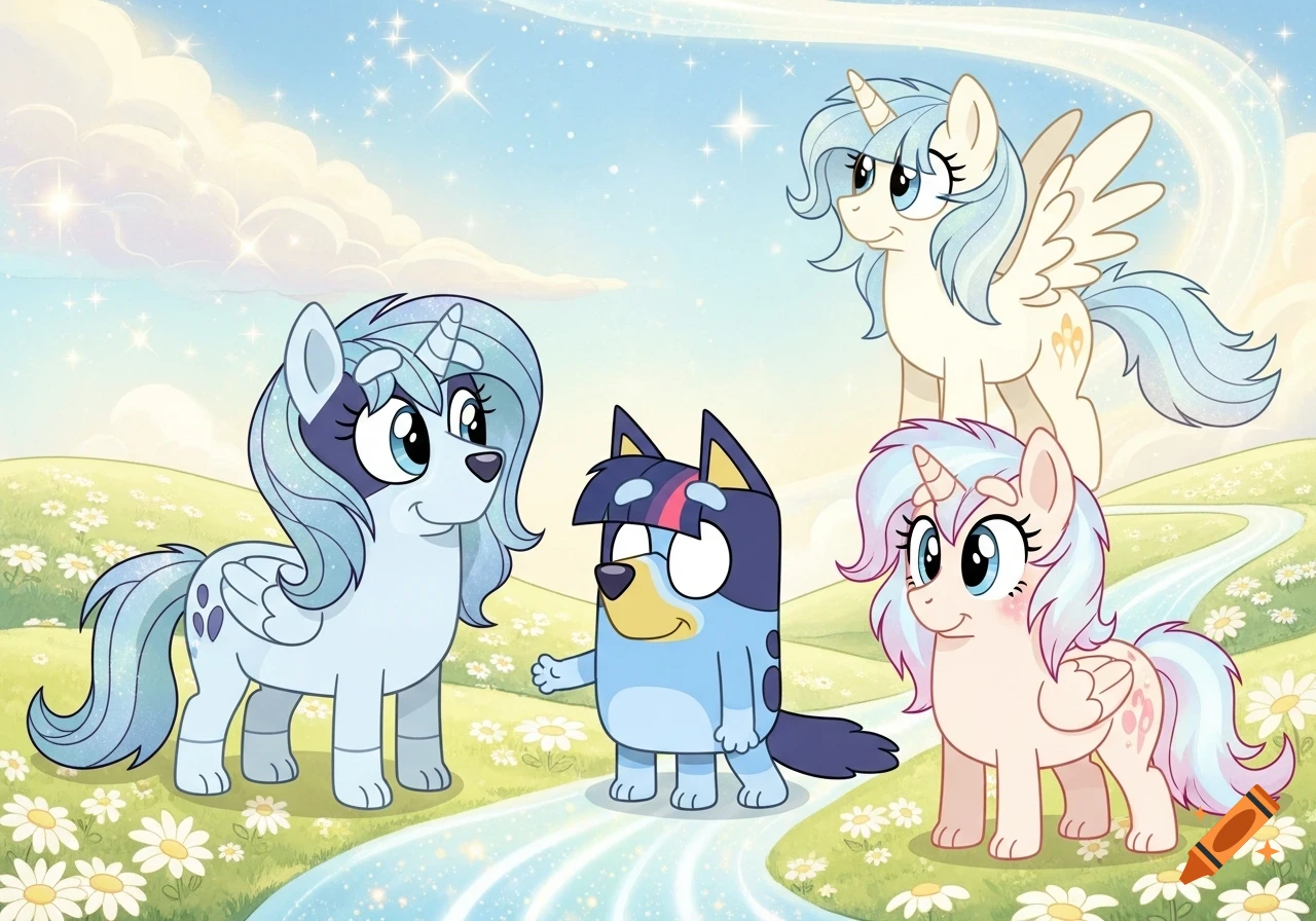 Bluey and three My Little Pony characters, including pegasus unicorns, stand in a sparkling, flowery field under a blue sky in a vibrant cartoon style.