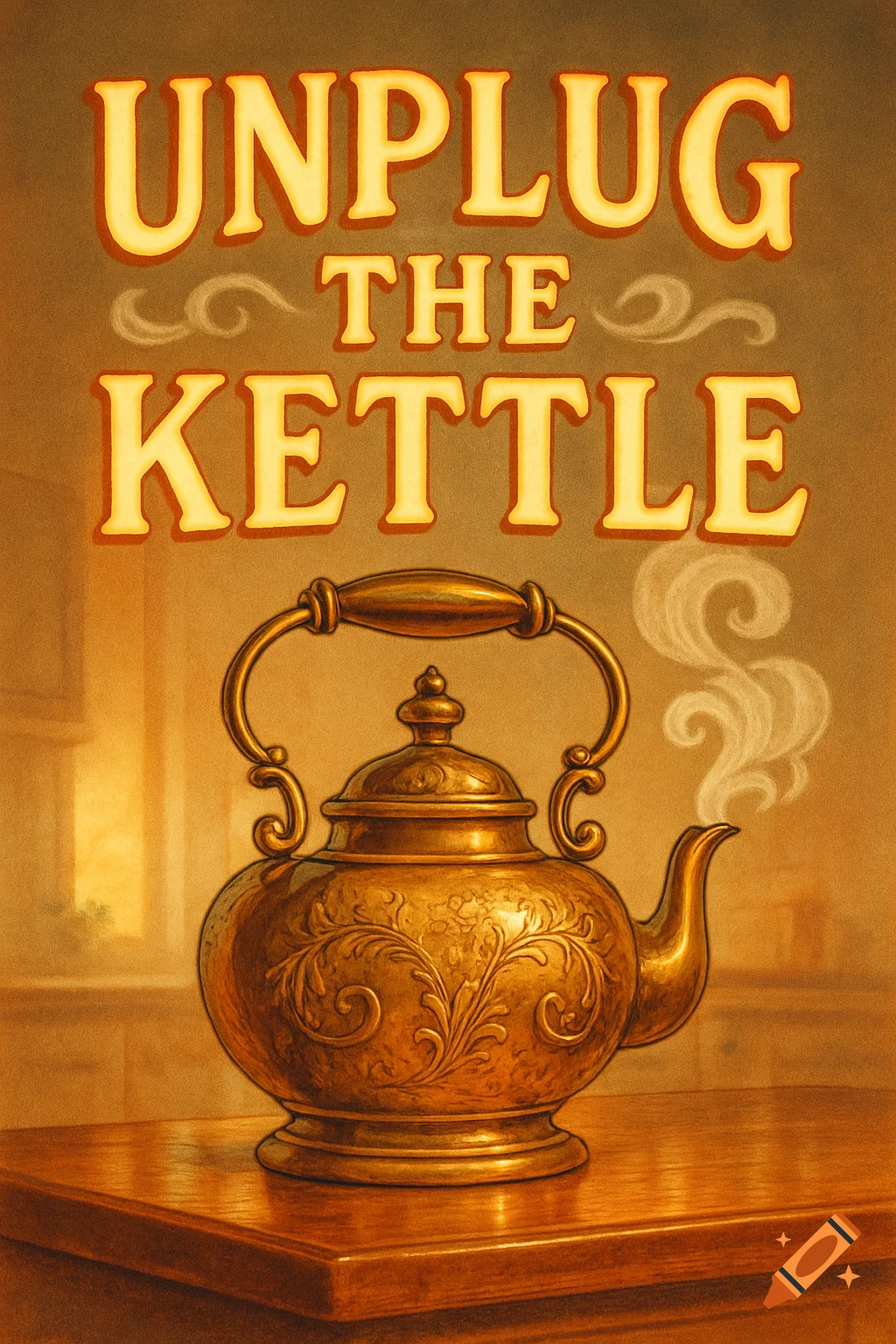 An ornate golden kettle on a wooden table, steaming, with the words "UNPLUG THE KETTLE" written above it in a stylized font.