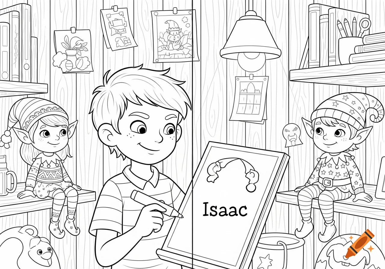 Black and white coloring page of a boy writing "Isaac" on a pad, with a girl elf and a boy elf on shelves in a wooden room.