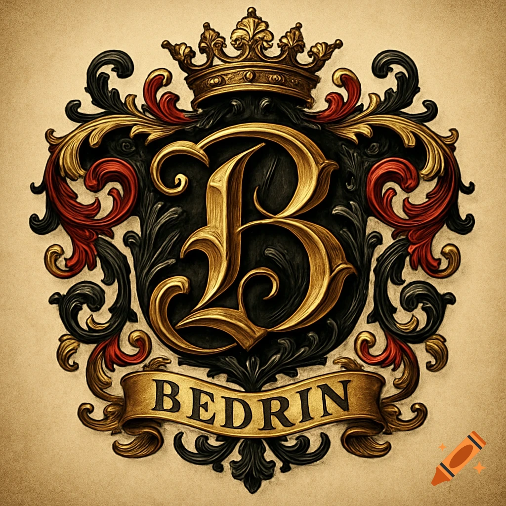 Ornate gold, black, and red heraldic crest with a large script 'B', crown, and 'BEDRIN' on a banner.