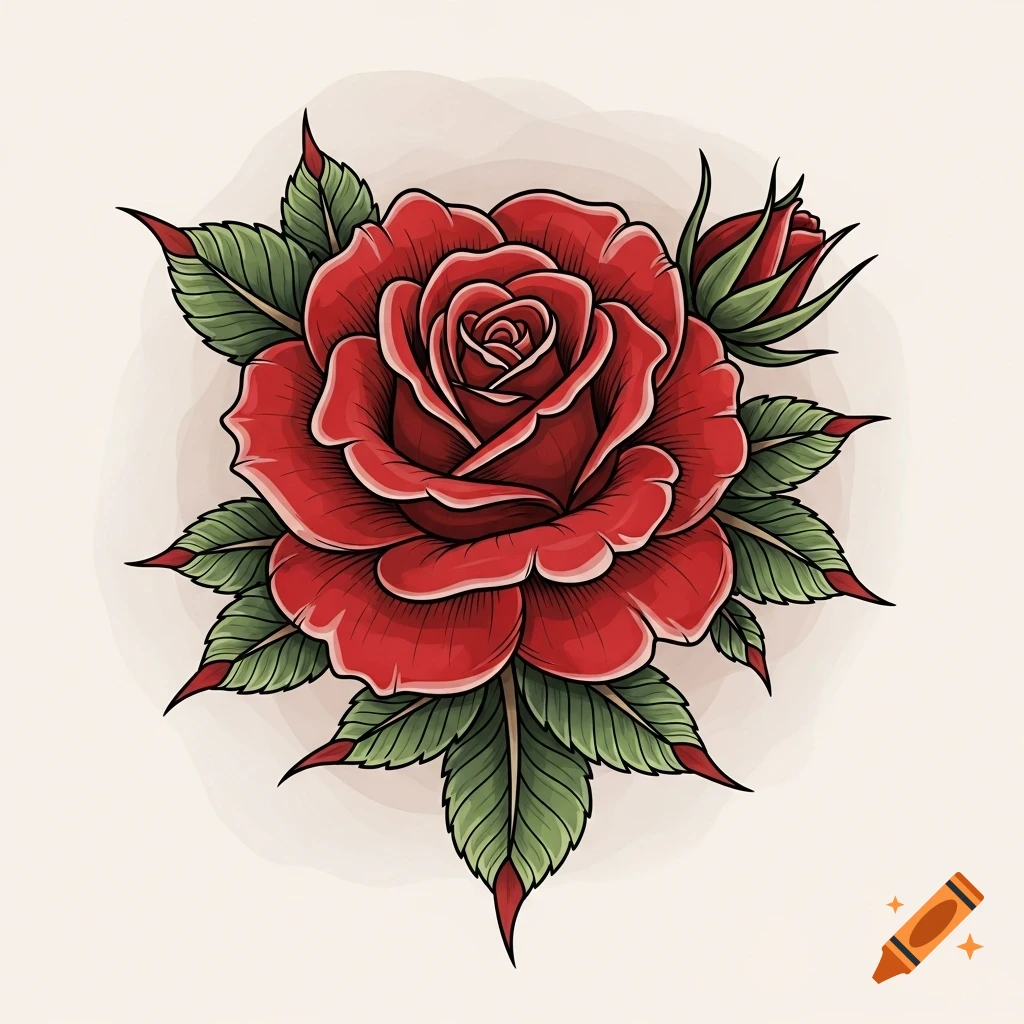 A vibrant red rose with green leaves and a bud, rendered in a traditional tattoo illustration style.