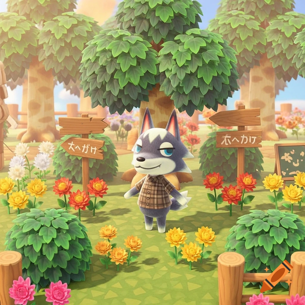 A stylized gray and white wolf character in a brown plaid shirt stands in a sunny, grassy field surrounded by colorful flowers, trees, and wooden signs.
