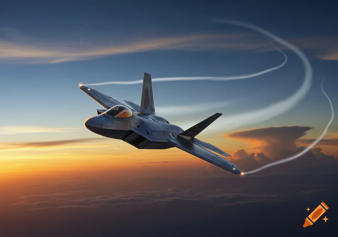 A photorealistic F22 fighter jet flies above clouds at sunset, leaving white contrails in the sky.