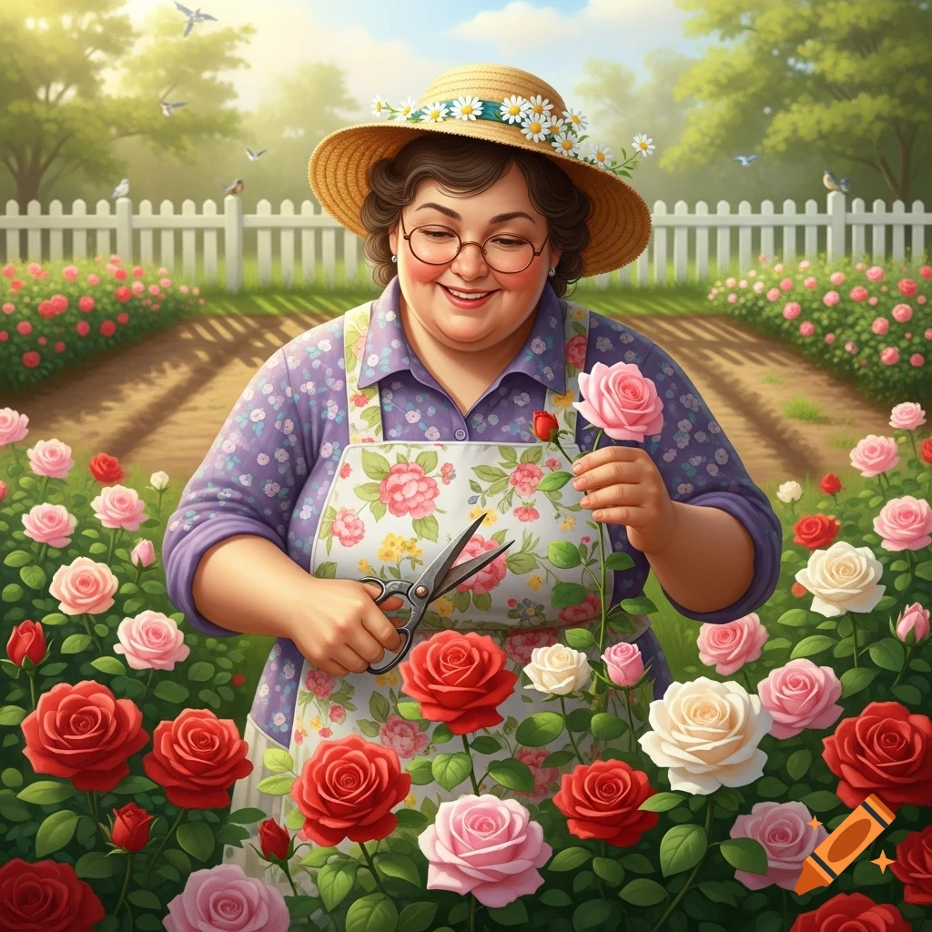 A cheerful woman in a straw hat and floral apron prunes pink and red roses in a sunny garden with a white picket fence.