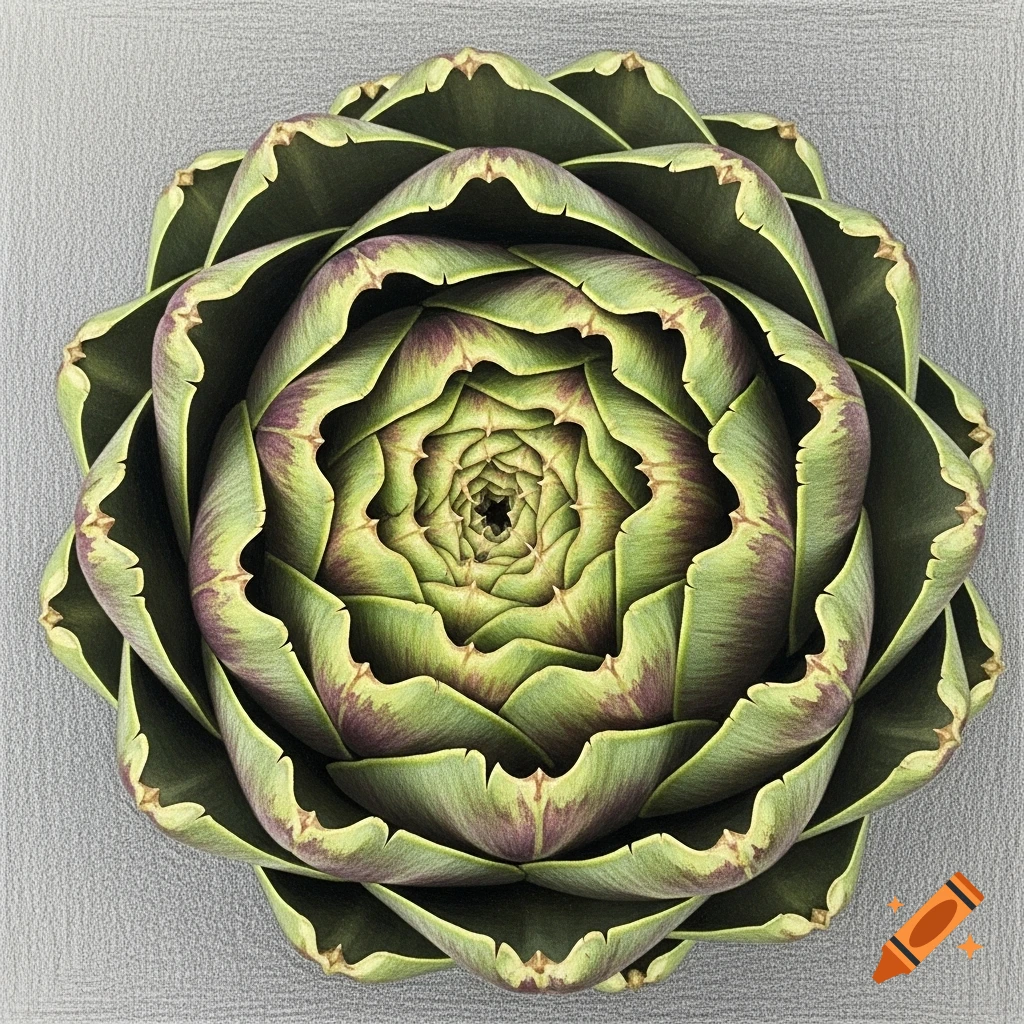 A vibrant colored pencil drawing of a green and purple artichoke, seen from a top-down perspective on a gray background.
