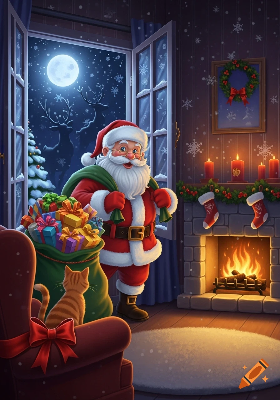 Whimsical illustration of Santa Claus entering a cozy living room with a bag of gifts, a cat watching by the fireplace.