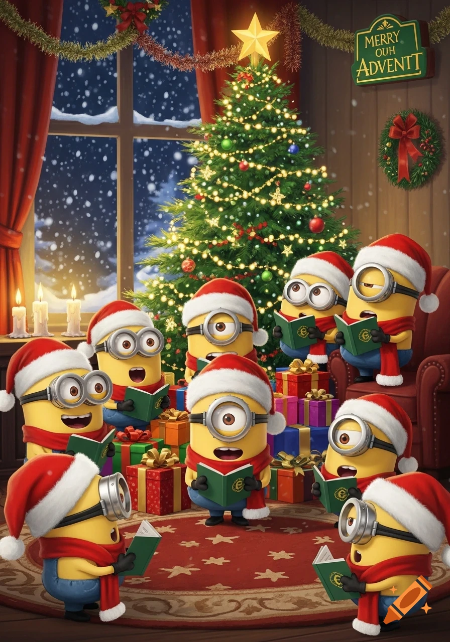 Minions in Santa hats sing Christmas carols by a decorated tree, surrounded by presents, as snow falls outside a window.