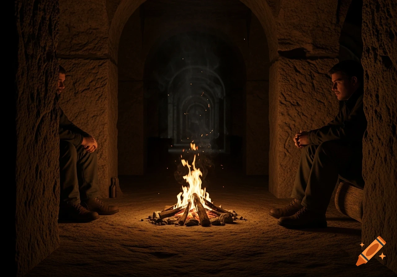 Two men sit by a small campfire in a dark, photorealistic stone tunnel, casting flickering light.
