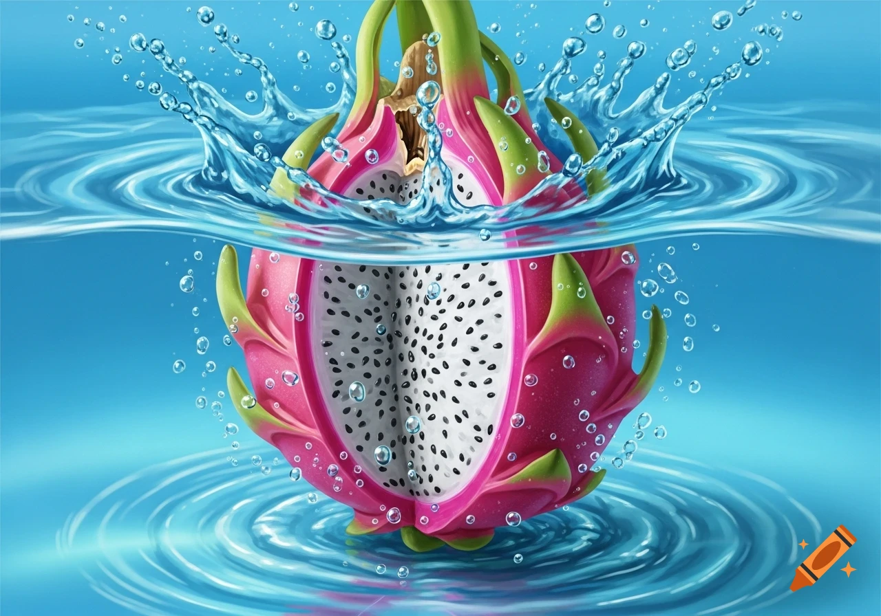 A vibrant dragon fruit, sliced in half to show its white flesh and black seeds, splashes into clear blue water, creating ripples and flying droplets. Stylized illustration.
