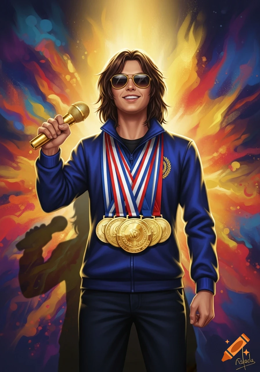 A smiling person with long brown hair and sunglasses holds a golden microphone and wears multiple gold medals, set against a vibrant, colorful background.