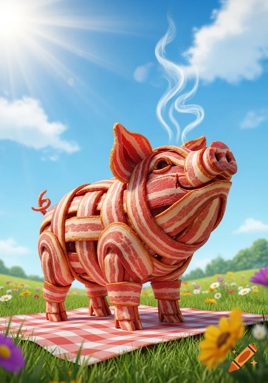 A whimsical pig sculpture woven from strips of bacon, steaming on a red and white checkered blanket in a sunny, grassy field with wildflowers.