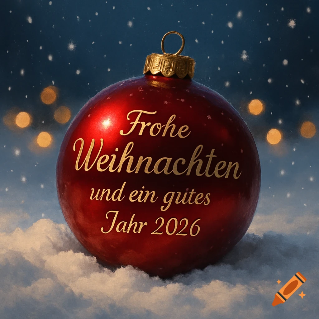 A red Christmas bauble with gold German text "Frohe Weihnachten und ein gutes Jahr 2026" sits in snow under falling snowflakes at night.