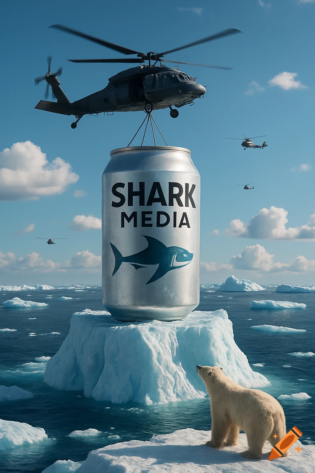 A helicopter lifts a giant 'SHARK MEDIA' can onto an arctic iceberg, watched by a polar bear, with other helicopters in the background.