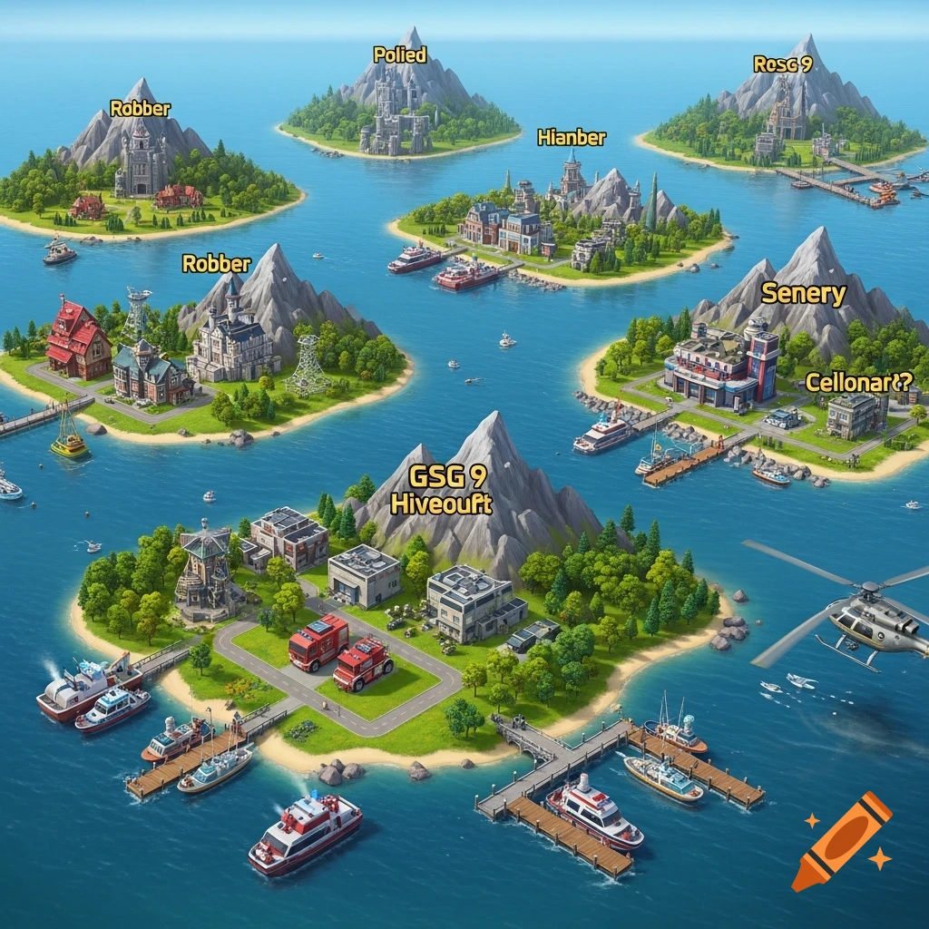 An isometric stylized map featuring several islands with various buildings like castles, houses, a fire station, police station, and ports, all surrounded by clear blue water, with a helicopter in the foreground.