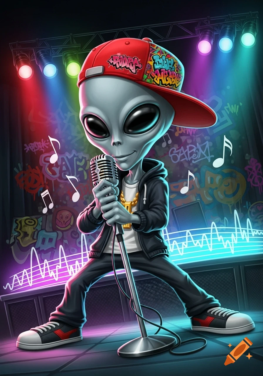 A cartoon grey alien wearing a red baseball cap and holding a microphone, rapping on a stage with graffiti and colorful spotlights.