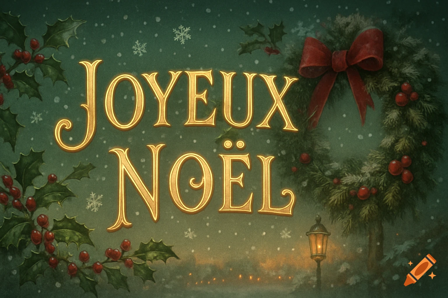 A festive image with golden text "JOYEUX NOËL", surrounded by a Christmas wreath, holly berries, and snow.